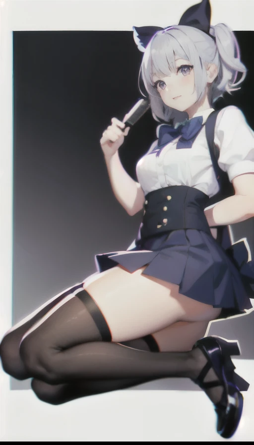 Anime girl sitting on a chair with a knife and a bow tie, surreal , chiaki nanami from danganronpa, High resolution!!, thighs!!!, by Kose Kanaoka, by Kamisaka Sekka, misato katsuragi, by Shinoda Toko, thighs!!!!!!, 2b, 2b