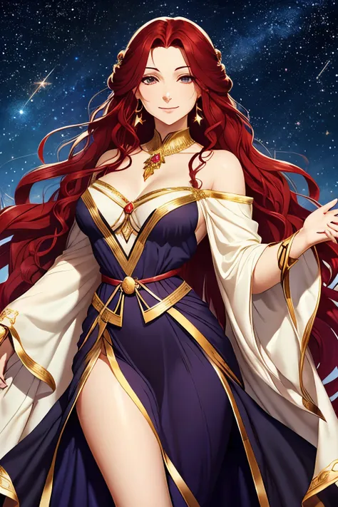 woman, ivory skin, hair is red, hair is long and wavy, eyes green, wears black Grecian robes with thigh windows, long flowing sleeves with shoulder windows, lots of very decorative jewelry, smirking expression, starry sky background