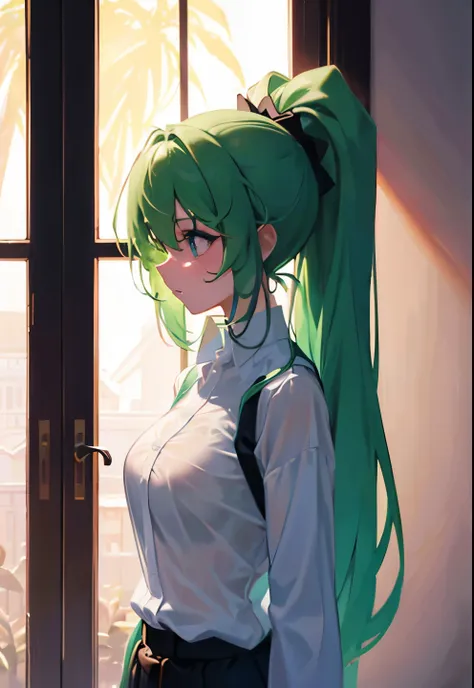 (best quality, masterpiece, high resolution:1.1),Use natural light and color, hyper detail clothes, high detailed anime image, cinematic light, 1girl,Forehead, embarrassing ,blush, long green hair, ponytail, medium chest, chest belt,lace, in changing room,...