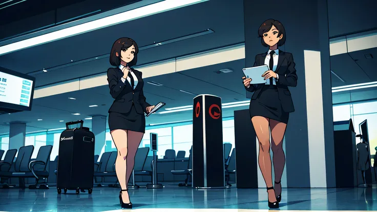 The ultimate cartoon style，Super detailed hands，A 27-year-old working woman，Wearing a black suit and a tight hip skirt，black and high heels，Looking at the phone seriously，Looking at the phone while walking，In the empty airport hall，Full body close-up，The f...