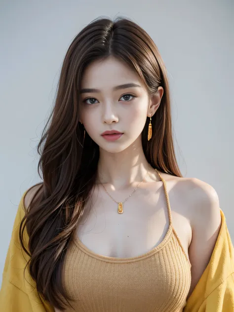 (8K, highest quality, High resolution, masterpiece :1.3), (yellow background), stylish, hisense, fashion, The contour is the length of the surface, eyes are long, Wavy red bob hair, hair band, oversized clothes, baggy clothes, Upper body, necklace, earring...