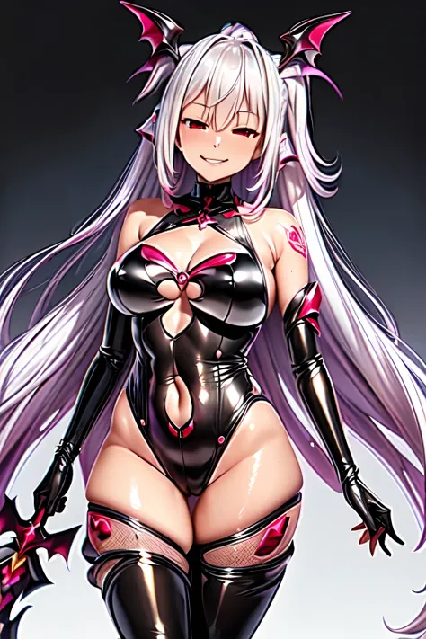 1girl, (extremely detailed:1.2), (highly detailed:1.2), (best quality:1.2), (masterpiece:1.2), (highres:1.3), nsfw, (huge breasts:1.1), white hair, ponytail, red eyes, (no pupils:1.2), (empty eyes:1.2), (half-closed eyes:1.3), wide hips, thick thighs, big ...