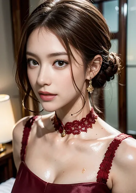 8K, Raw photo, fujifilm, Beautiful 45 year old woman style photo, square face, red rose on neck, wearing a red and black lace dress, gold earrings, Powerful features like a spinning pigeon, (highly detailed skin: 1.2), light medium brown hair, film grain, ...