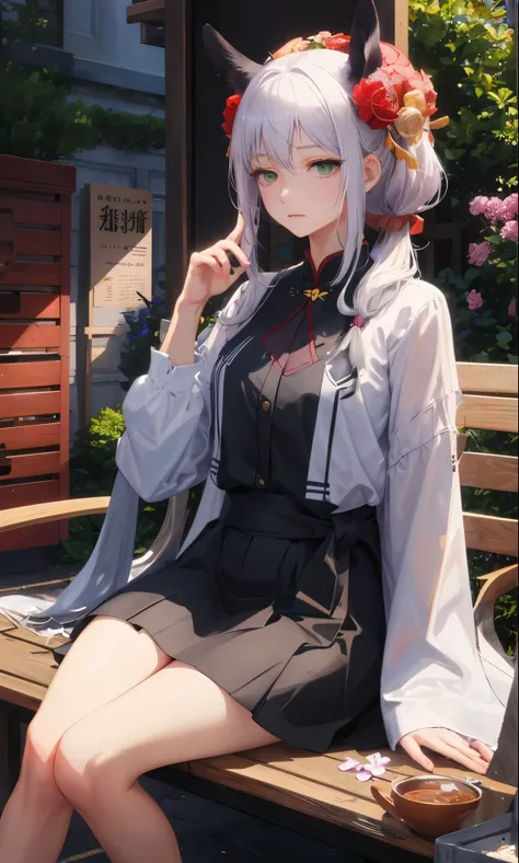 Close-up of a woman in a skirt sitting on a bench, Woman with long hair，Double ponytail hairstyle，Mature face，wearing a flower on head，Put one hand on the stool，one hand raised，There are flowers on the waist，Chinese hairpin hair，green eyes，Excellent ，There...