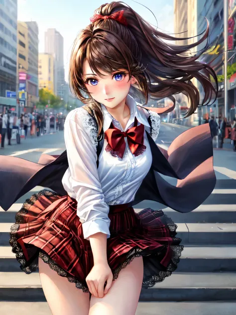 ((highest quality, High resolution, perfect pixel, 4k))), 1 woman, beautiful woman、I could see the whole body、walking down the subway stairs、lots of commuters、 ((ponytail, bangs, brown hair)), ((brown eyes, beautiful eyelashes, realistic eyes)), ((detailed...