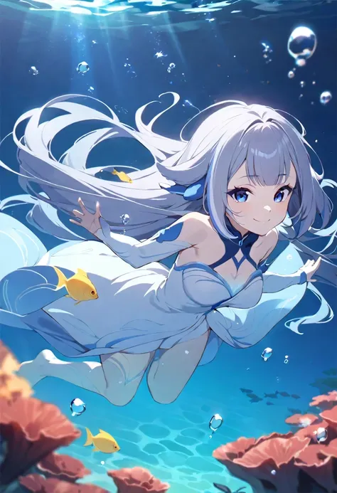 (((shylily))),(muste piece), (best quality), very detailed, 1 girl, perfect face, (solo full body shot:1.3), very detailed顔，(Gray-haired ultra-long hair:1.5)，(blue eyes:1.4)，(in water:1.4)，(white dress:1.5)，School of small fish，Light，bubble，jellyfish，seawe...