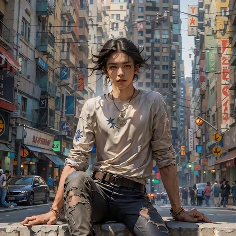 City street-metropolis. 1 young man crouched, modern, . masterpiece, Best quality (surrealism: 1.3), Big, quality, (masterpiece: 1.2), (realism: 1.2), (Best quality), (leather detail: 1.3), sunny day, 1 young man. Long black hair, young, modern clothes, sa...