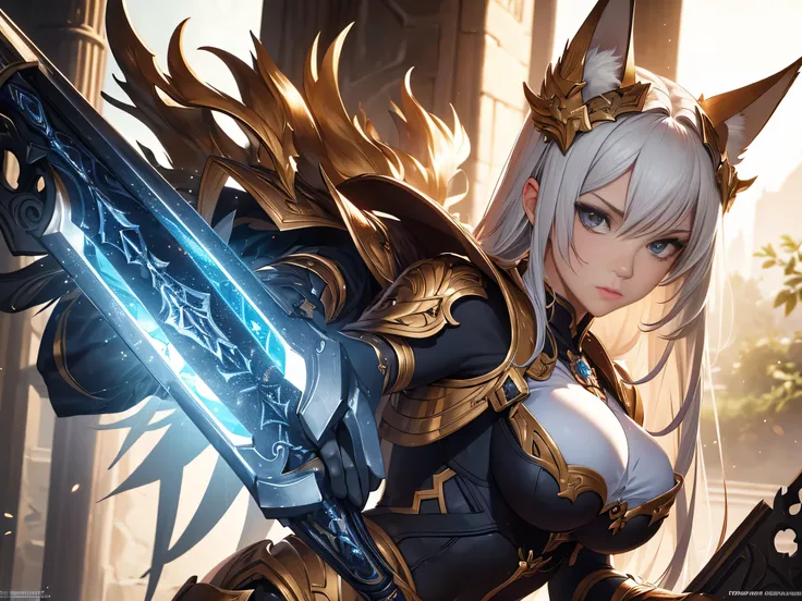 ((Masterpiece, Highest quality)), Detailed face， full bodyesbian, Full of details, Multiple poses and expressions, Highly detailed, Depth, Many parts，Beautiful paladin fox girl，Armor，High Balance, Natural light, Star decoration, holding sword
