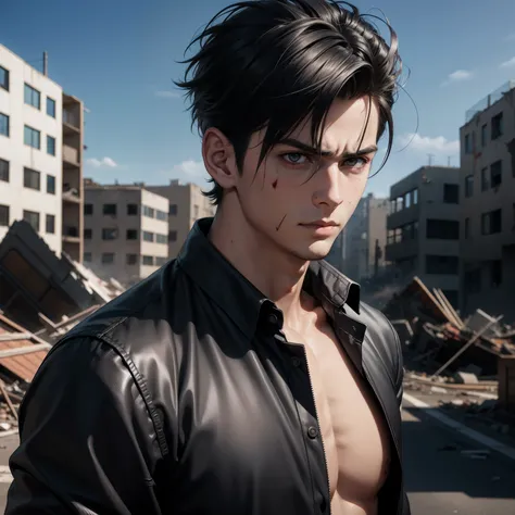 Realistic Anime style, Handsome boy, cool boy, serious face, torn Black shirt, Quiff hairstyle, Several blood wounds on his face, Background of destroyed buildings