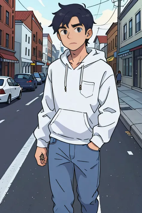 A male college student wearing a white sweatshirt and blue jeans is walking on the road，One hand holding the phone and one hand in the pocket