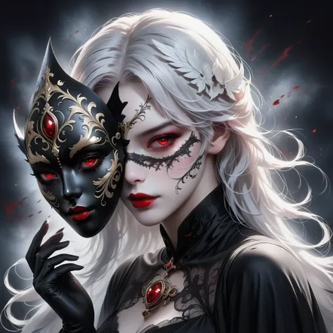 （hand holding mask：1.5），（white-haired ghost，straight hair，red eyes），（gothic art），（fear：1.5），（correct human anatomy：1.37）