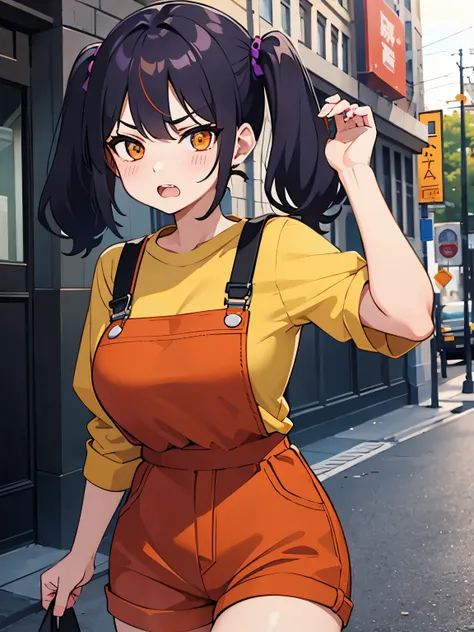 masterpiece、highest quality、8K、one girl、orange eyes、twin tails、short black-purple hair、blush、angry look、double teeth、orange overalls、very big breasts、street