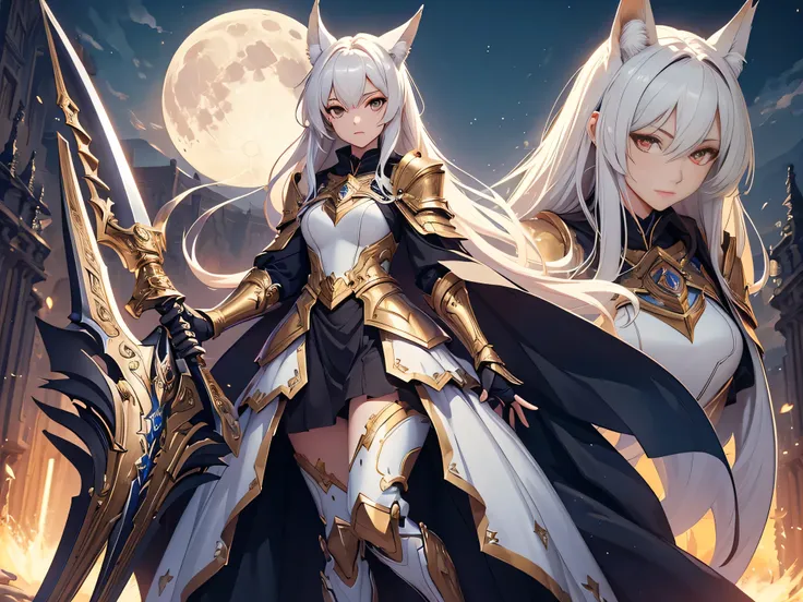 ((Masterpiece, Highest quality)), Detailed face， full body, Full of details, Multiple poses and expressions, Highly detailed, Depth，Beautiful paladin fox girl，Armor，High Balance, Natural light, Moon decoration, holding sword