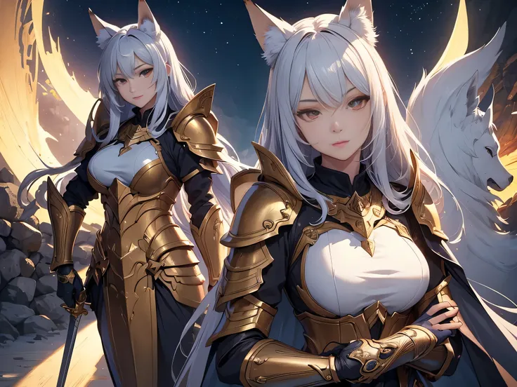 ((Masterpiece, Highest quality)), Detailed face， full body, Full of details, Multiple poses and expressions, Highly detailed, Depth，Beautiful paladin fox girl，Armor，High Balance, Natural light, Moon decoration, holding sword