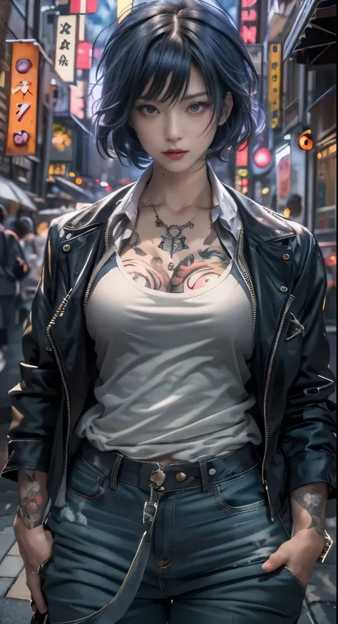 Yakuza heroine on the streets of Japan， A group of gang members stood behind，mixed korean，Detailed background，street background，complex background，Crowd focus，in the crowd，movie lighting，(((masterpiece))), ((best quality)), ((complex and detailed)), ((Surr...