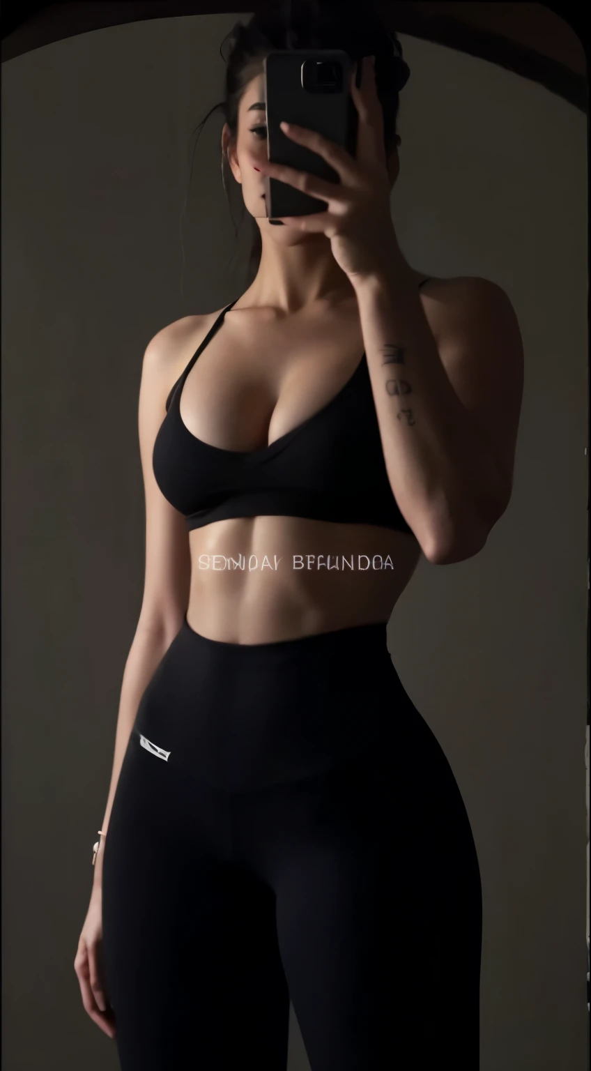 Arab woman in black sports bra taking a selfie, foto adequada, corpo sensual com barriga sexy, forma tonificada, ajuste figura delicada, tirada em 2 0 2 0, corpo tonificado, she is wearing a black blouse, corpo sexy, 2 modelo feminino de 4 anos, [ clearly ...