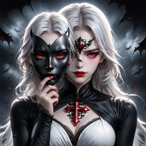 （hand holding mask：1.5），（white-haired ghost，straight hair，red eyes），（gothic art），（fear：1.5），（correct human anatomy：1.37）