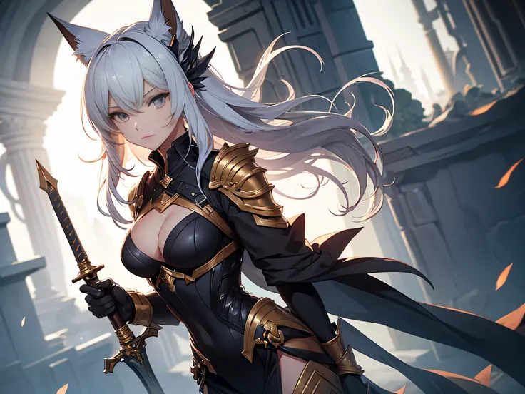 ((Masterpiece, Highest quality)), Detailed face， full body, Full of details, Multiple poses and expressions, Highly detailed, Depth，Beautiful paladin fox girl，Armor，High Balance, Natural light, Sun decoration, holding devine sword