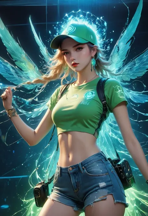 (Transparent Hip Hop Girl：0.65), （Hip-hop costumes：0.65），Transparent ray tracing，crazy hip hop music，baseball cap，Blue ripped jeans。Green T-shirt，surreal, Visual exaggeration, Nano punk,atom punck, gather ,circuit,light painting,♒︎,Pisces, ♓︎,Unreal Engine...