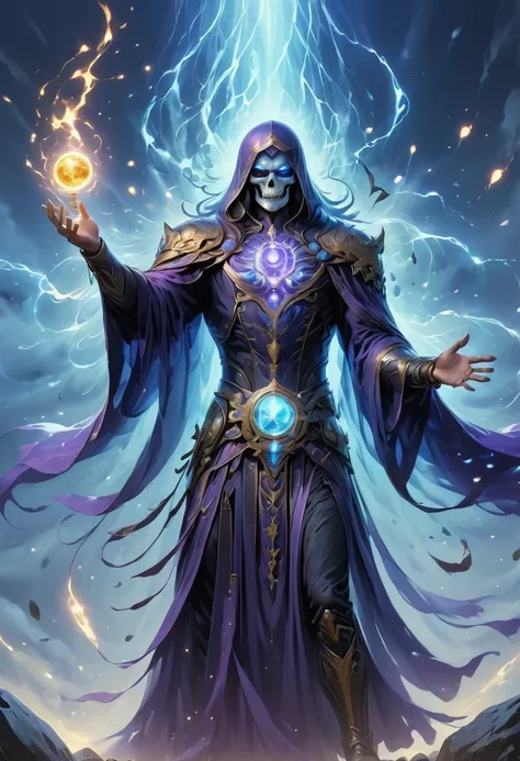 Dark Rune Skeleton Lich, black gold skull, magic void energy, glowing eyes, Death Lightning, death energy ball floating on its Bone hand, cast a spell, energy cracking, Bone hand, Wearing a luxurious cloak, Astral skulls floating around, Land and rocks flo...