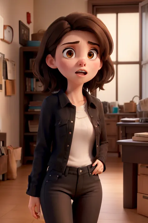 Young white woman medium dark brown hair brown eyes wearing jeans and black blouse in her house saying something in anger and shouting