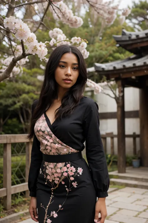 Beautiful ebony african girl, nigerian model, very dark black skin, long black hair, cherry tree, blossom, japanese temple, elegant  dress with floreal motif,

