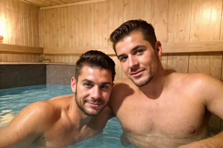 Dos hombres en jacuzzi.  Two men in sauna Man 35 years old short dark hair with pompadour and brown eyes