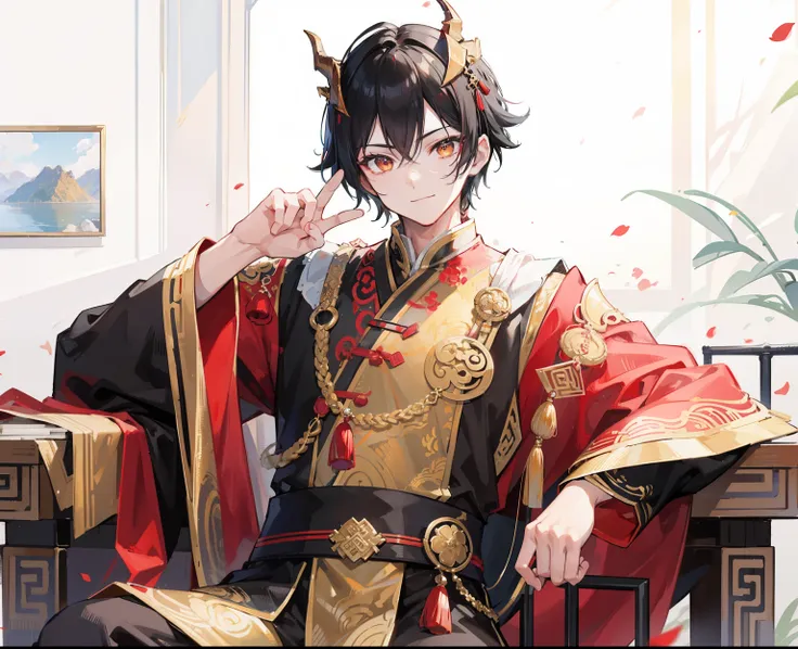 male，juvenile，Strong body，masterpiece，highest quality，Highest definition，8K definition，Short black hair，Dumb，tomorrow ark，black sleeves，Red Chinese costume，sitting on a bench，smile happily，Golden eyes，With Chinese dragon horns，long chinese dragon tail