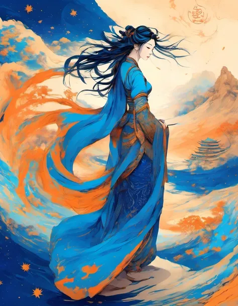 dunhuang art style illustration,blue tones,a tiny mysterious figure with traditional skirt standing onthe long ancient scroll with Buddhist scriptures,zen,the stars are brilliant,dazzling,light and shadow,gradient blue color,blue and orange,super grand sce...