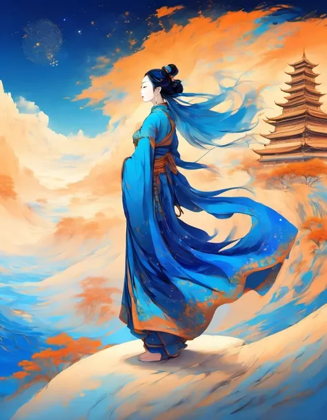 dunhuang art style illustration,blue tones,a tiny mysterious figure with traditional skirt standing onthe long ancient scroll with Buddhist scriptures,zen,the stars are brilliant,dazzling,light and shadow,gradient blue color,blue and orange,super grand sce...