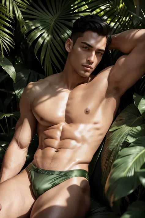 Create a mesmerizing and photorealistic image capturing the essence of Taurus through a handsome male model. Set amidst a tranquil oasis of verdant foliage and blooming flowers, the model exudes sensuality and strength as he lounges amidst the luxurious su...