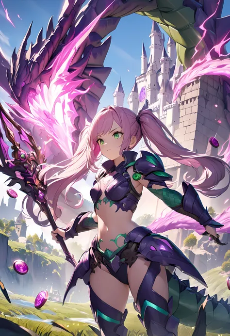 1girl, solo, anime-styled, stunning warrior girl, with porcelain skin, captivating green eyes, ((detailed face)), long flowing pink twintails, toned body, ((slender but curvy)), in formfitting armor, detailed hand holding an ornate sword), ((fantasy landsc...