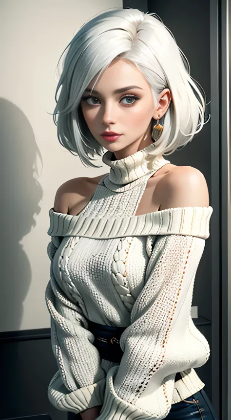 Medium Shot Shot, A beautiful woman looks at the camera, White hair, Chris Foss autumn off-the-shoulder sweater