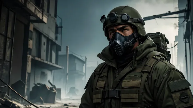 strong man in worn military clothing wearing a protective mask against radioactive gas, usando um capacete militar, segurando uma arma de logo alcance, he is in a dark post-apocalyptic environment, e ele se parece com os personagens do jogo SCUM