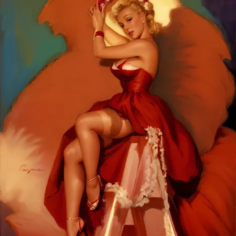 pintura de Britney Spears con un vestido rojo sentada en una escalera, estilo gil elvgren, gill elvgren, Fijar art, Fijar girl, Artgerm y Gil Elvgren, Fijar, por gil elvgren, fijar, fijar, fijar girl, fijar, girl Fijar, vintage fijar, fijar girl