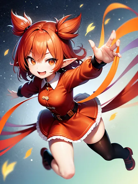 Chibi Characters，Red twin-tailed hair，orange eyes，smile，girl，Highest precision，elf，fluffy dress，