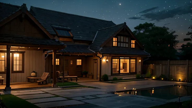 houseyard with comforting house behind, with hanging lantern, in night time, animestyle