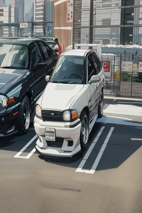 Two cars are parked next to each other in a parking space, wide body, Installed in the Tokyo Bank parking lot, Japan in the 90s, full car, Toyota Ridge, super wide, Taken in the early 2020s, tunning, 8K!!, surface side, surface side full, long front end, W...