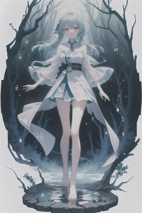 Dreamy and beautiful moonlight in the dark forest。View of a 15-year-old girl from above。(Wet light blue hair and red eyes)。smile slightly。She wore only a long transparent white cloth with beautiful lace trim。Soak the cloth in water。(splashing in the dark f...