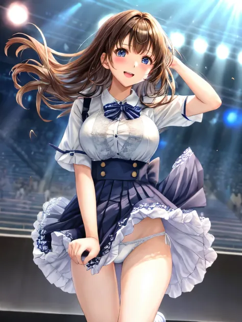 highest quality、All limbs、full finger、Slender beauty、brown hair、Dereste、navy blue, 白とnavy blueのアイドル衣装、knee socks、beautiful big breasts、live stage、sing、holding a microphone, dancing、big smile、(white horizontal lace panties:1.1), (skirt lift:0.97), (shirt li...