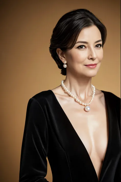 (highest quality, 8K, best image quality), beautiful and elegant 45 year old mature, Female upper body photo, beautiful detailed face, Standing elegantly (All black suit-type mourning clothes:1.3), (pearl necklace:1.2), clavicle, (Bewitching, shiny, A sexy...