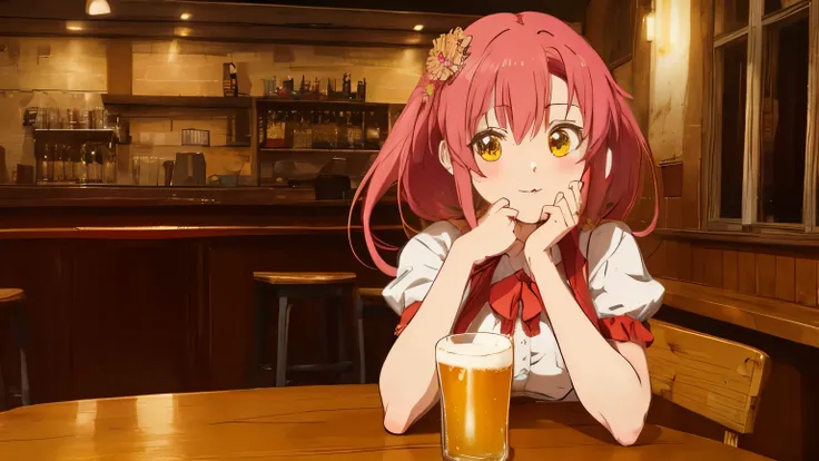 garota de anime bebendo cerveja em uma mesa
