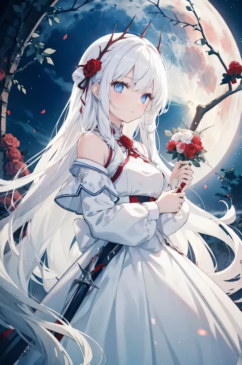 pure white hair，long hair，girl，sky blue eyes，（blood red moon：10），wearing white clothes，wedding dress，bride，there are thorns on t...