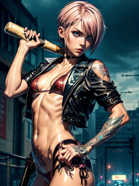 (((top quality: 1.4))),(A masterpiece like no other in history), (ultra high resolution),(Ultra-realistic 8k CG), official art,dynamic pose,dynamic angle,((carrying a baseball bat on his shoulder:1.5)), (((adult body))), (((1 girl))), ((( bob short hair ))...