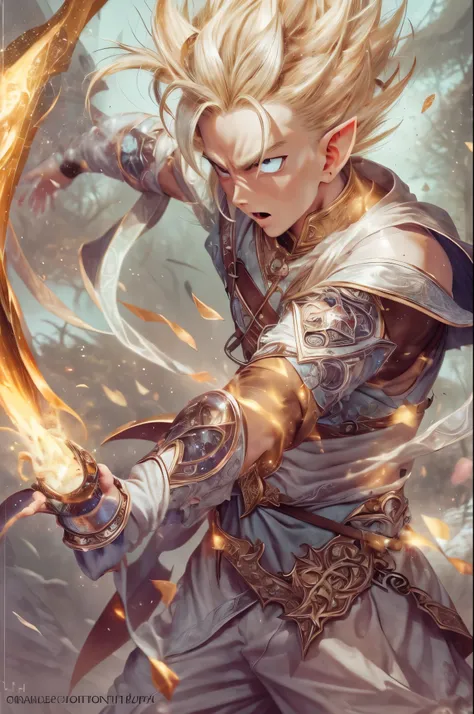 (masterpiece), 8k, best quality, panoramic view, full body, elf boy, naïve, male, teenager, 14 years old, white skin, slim body, pointed elf ears, beautiful finely detailed silver eyes, high forehead, spiky yellow blond hair like Gohan from the anime drago...