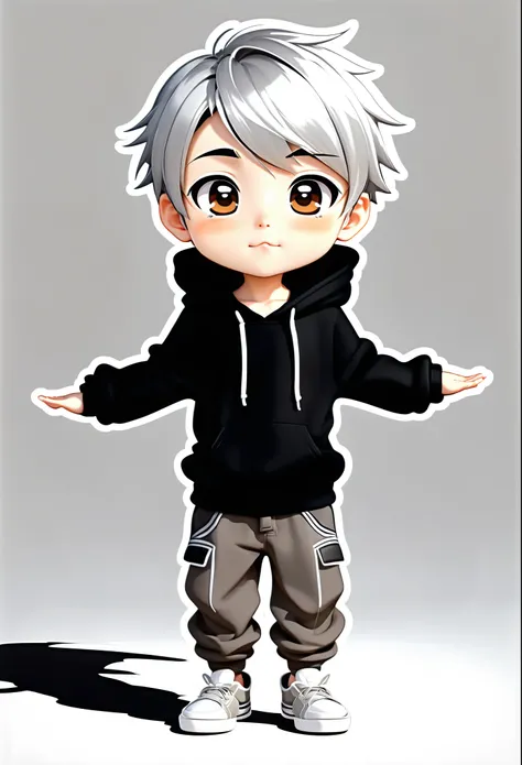 chibi anime boy with short silver hair, close  your arms, wearing a black hoodie and grey pants, white shoes, simple background, cute expression on his face, brown eyes, in the style of cuda --ar 3:4