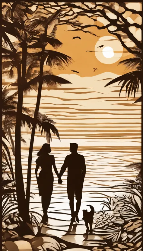 young couple walking along the beach towards the sunset.
