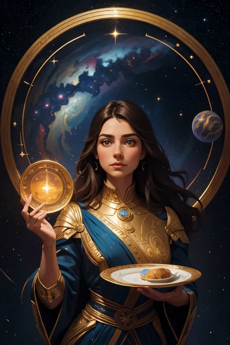 Artwork, surrealism, highly detailed, intricate details, oil painting, best quality, cosmic, starry, a woman holding a two-plate scale, pound sign concept, golden ratio, beautiful, cosmic concept, 8k, cinematic light, starry background, vibrant colors, UHD...