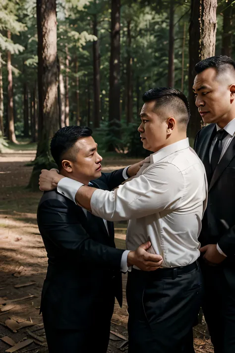 The two wore suits，black tie, Fat Chinese mature round-faced middle-aged man fist fight with security guard in forest