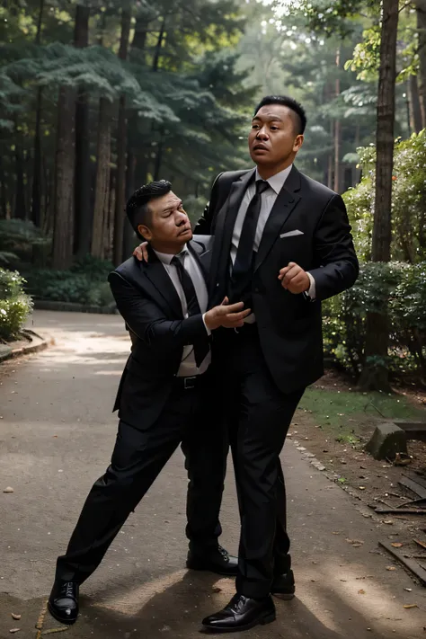 The two wore suits，black tie, Fat Chinese mature round-faced middle-aged man fist fight with security guard in forest